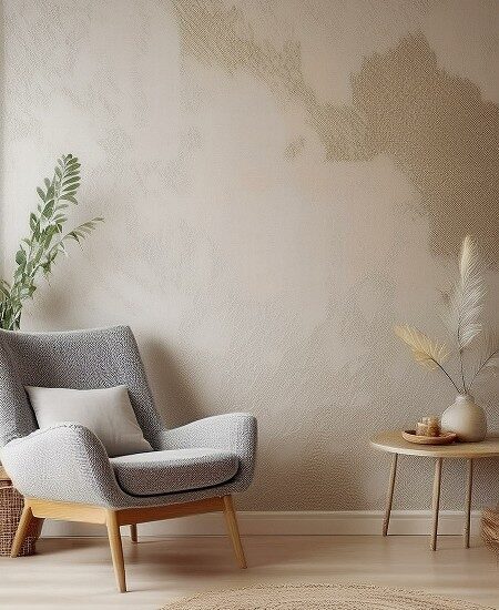 Grey armchair besides an occasional table